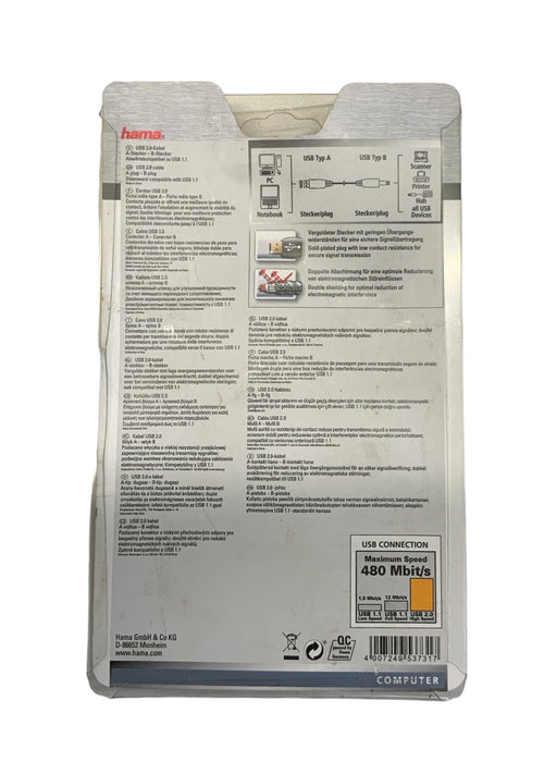 Hama USB 2.0 Cable A Plug - B Plug 5m High Speed New USBCABLE02