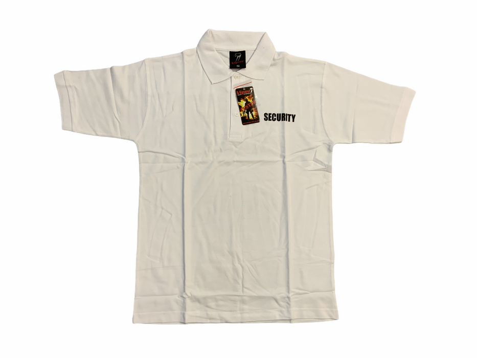 Security Printed Front & Back White Polo Shirt - NEW - Size Small