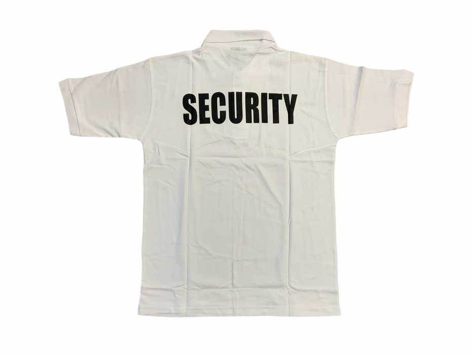 Security Printed Front & Back White Polo Shirt - NEW - Size Small