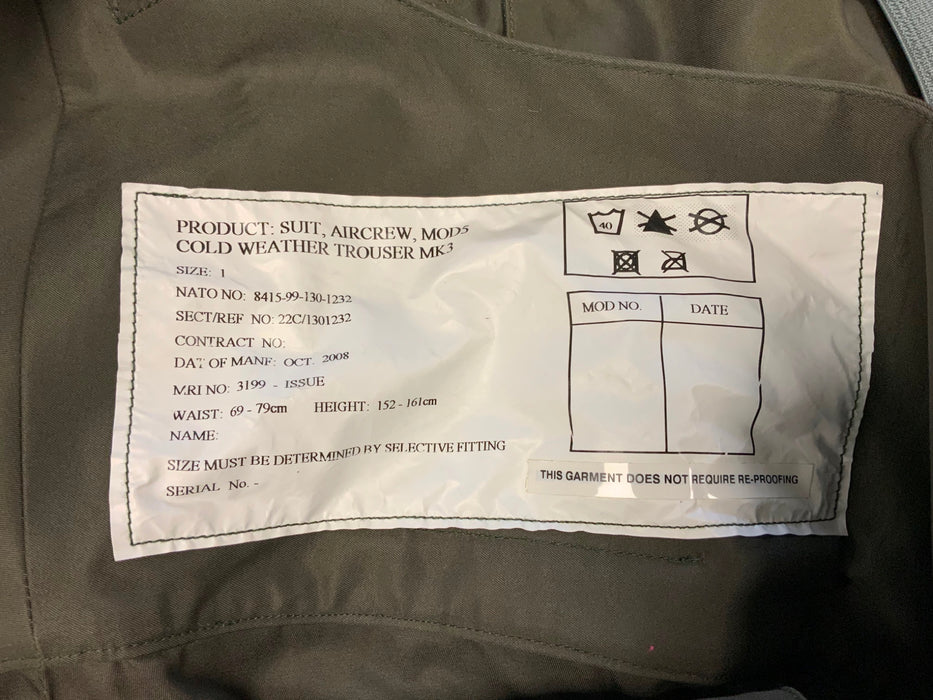 Genuine MK3 Cold Weather Trousers MOD5 Aircrew Suit Trousers Size 1 AIRCREWTRS1