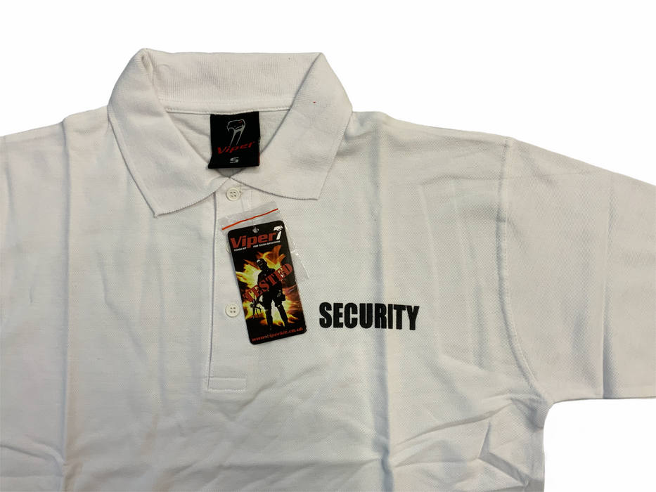 Security Printed Front & Back White Polo Shirt - NEW - Size Small