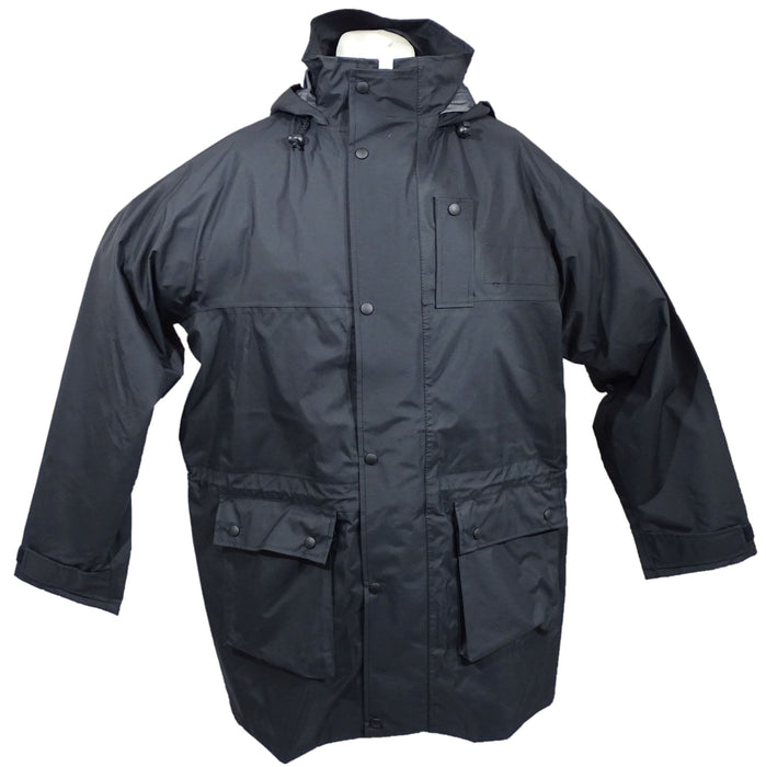 Black 3/4 Length Goretex Waterproof Hooded Raincoat Security BGC05B